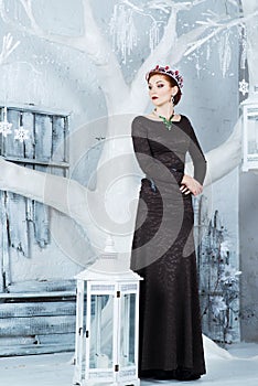 Snow Queen, december. Elegant woman in long dress. Winter