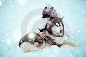 Snow-queen. Fairy tale girl with Huskies or Malamute.