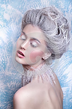 Snow Queen. Fantasy girl portrait. Winter fairy portrait. Young woman with creative silver artistic make-up. Winter Portrait.