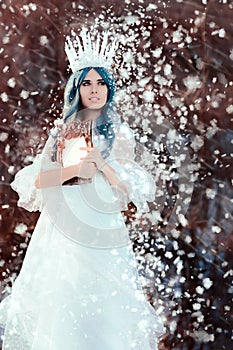 Snow Queen Holding Mirror in Winter Fantasy