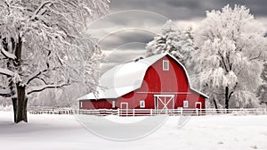 snow red barn winter