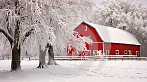 snow red barn winter