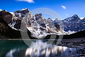 Snow reflection on Mrraine Lake