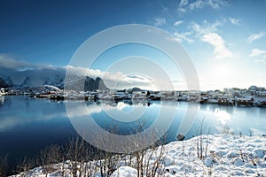 Snow in Reine Village, Lofoten Islands, Norway