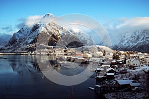 Snow in Reine Village, Lofoten Islands, Norway