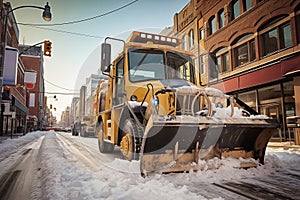 Snow removal equipment operates on city street during day