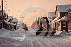 snow removal equipment on a snowy residential street