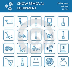 Snow removal flat line icons. Ice relocation service signs.