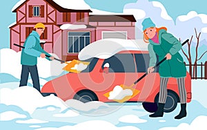 Snow removal, man and woman remove ice and snowdrift with shovels, people cleaning car