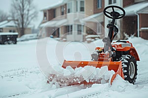 Snow removal tractor clearing a path through a white winter landscape, a practical approach to heavy snowfall photo