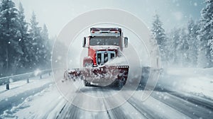 Snow removal vehicle cleaning the road in the rural area during heavy snowstorm. Red snowplough on a highway. Generative AI