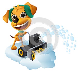 Snow removal. Yellow dog cleans snow with snow removing machine photo