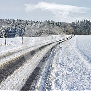 Snow, road or nature with countryside travel, holiday and vacation scenery in Denmark or forest. Background, sky or