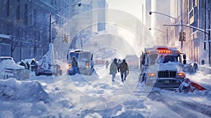 snow road during a snowstorm on a winter in city, concept of Traffic jam and gridlock, silhouettes of people walking through a