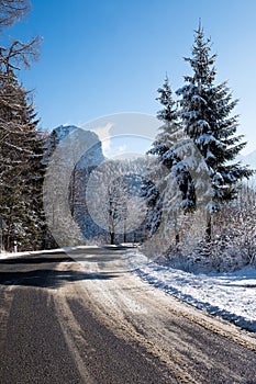 Snow road in winter morning mountain, Belianske Tatras, Slovakia
