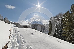 Snow, Sasslong and Barn in the Dolomites