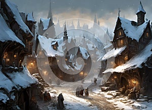 snow scene with fantasy style medieval storybook fairytale town with illuminated houses at twilight