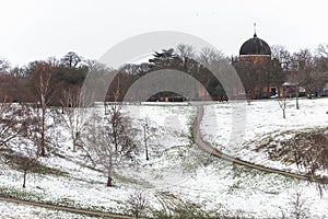 Snow scene in Greenwich Park, London