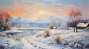 Winter Landscape Oil Painting: Serene Rural Scenes With Snow Covered Mountains