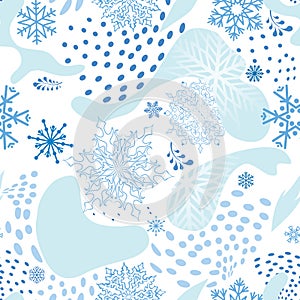 Snow seamless pattern. Abstract winter pattern with dots and snowflakes. Ornamental flourish seasonal drawn texture. Winter