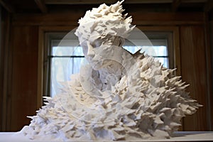 snow shavings surrounding a half-finished sculpture