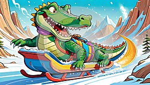 snow sled ski snowboard board alligator reptile funny winter scene