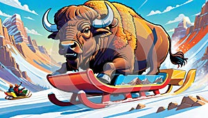 snow sled ski snowboard board bison buffalo animal winter range