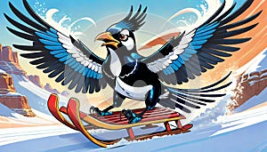 snow sled ski snowboard board magpie bird crow winter race