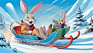 snow sled ski snowboard board rabbit bunny winter family fun