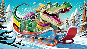 snow sled ski snowboard board smiling alligator reptile cartoon