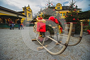 Snow sledge in Heilbrunn palace during christkindl markt