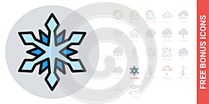 Snow or snowflake icon for weather forecast application or widget. Simple color version. Free bonus icons kit included