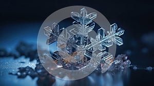 A snow snowflake in the winter, in the style of crystalcore, focus stacking, mike campau, translucent water, Generative AI