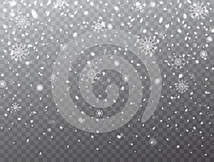 Snow and snowflakes background. Realistic falling snow and snowflakes. Frost storm, snowfall effect. Christmas