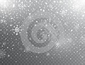 Snow and snowflakes background. Realistic falling snow and snowflakes. Frost storm, snowfall effect. Christmas background with sno