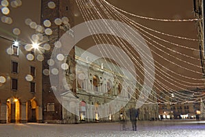 Snow and snowflakes in the main square of Vicenza City in Italy