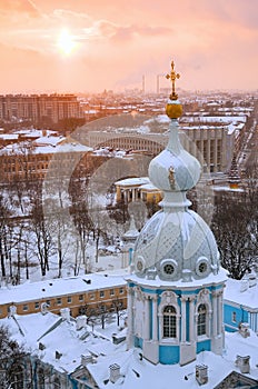Snow in St. Petersburg at sunset