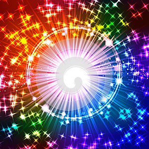 Snow and stars are falling background of blue luminous rays.