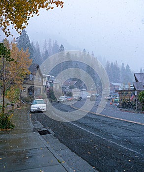 A snow storm blankets June Lake California on a cold winter day