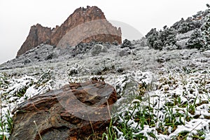 Blizzard at garden of the gods colorado springs rocky mountains during winter covered in snow