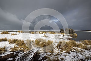 Snow and storm clouds at the coast