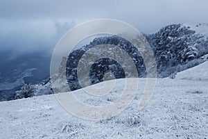 Snow storm at Demerdzhi mountain photo