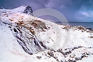 Snow storm in Lofoten archipelago, Norwegian Fjords in winter time , artic fisherman