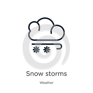 Snow storms icon. Thin linear snow storms outline icon isolated on white background from weather collection. Line vector sign,