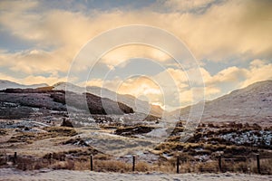 Snow at sunrise in Queen Elizabeth Forest Park in Scotland