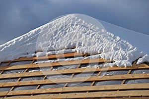 Snow on surface of wooden roof under construction on sunny day