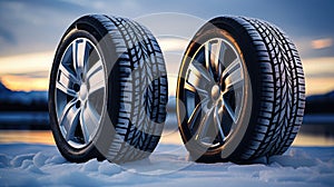 Snow tires on winter landscape background