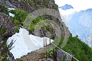 Snow on a trail in Madeiran mountains photo