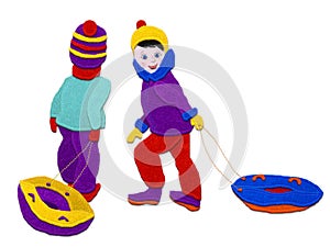 Snow Tubing with Children.Imitation of applique fabric. Isolated on white background.