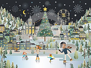 Snow Village Landscape Christmas night scene wallpaper